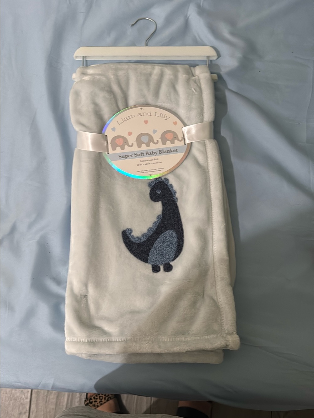 Cream Baby Blanket with Navy Dino Applique